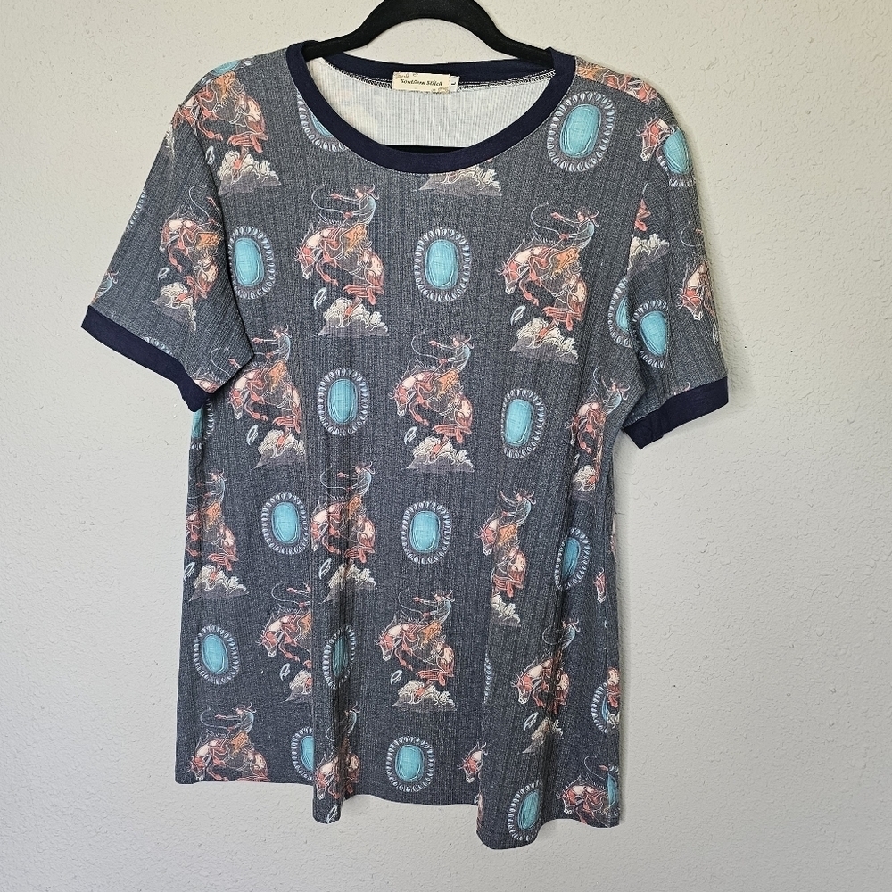 Southern Stitch Bucking Horse Riding Cowboy / Turquoise Jewel Print Size L Large